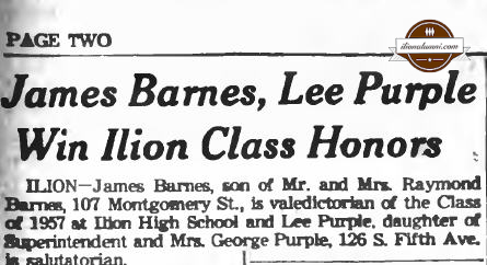 Herkimer Evening Telegram Ilion High School - James Barnes, Lee Purple Win Ilion Class Honors Class of 1957