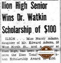 Ilion Sentinel - Wins Dr. Watkin Scholarship of $100 - 1954