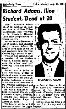 Utica Daily Press - Richard Adams, Ilion Student, Dead at 20 - IHS 1962